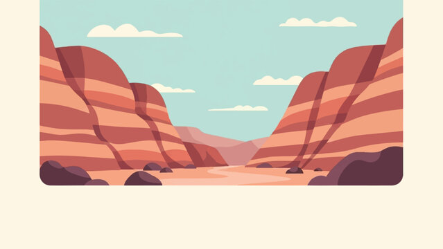 Stylized desert canyon with winding river and distant mountains