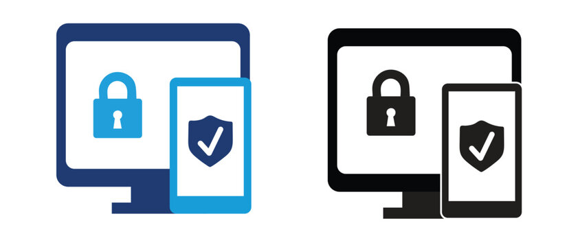 Secure computer and mobile phone icon device protection security shield and padlock sign vector illustration