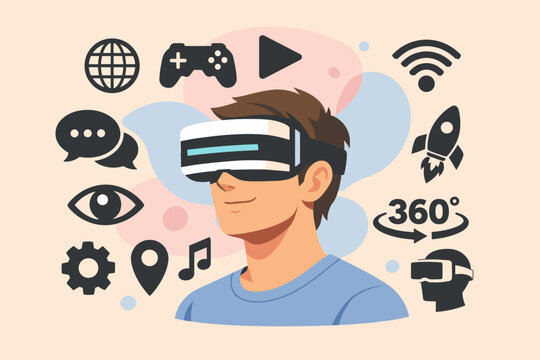 Young Man in VR Headset Surrounded by Virtual Reality Icons Flat Illustration
