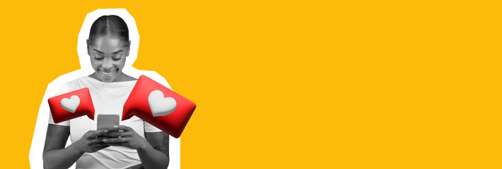 A woman stands with a phone, smiling as she reads messages. Bright speech bubbles with hearts surround her, showing she receives positive feedback. This scene captures modern communication.