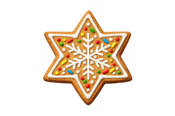 Gingerbread star cookie with a snowflake pattern and colorful sprinkles for holiday baking. Sweet christmas dessert, transparent background