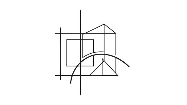A minimalist line drawing depicting abstract geometric shapes, including a house outline, a square, intersecting lines, and a curved arc, suggesting architectural design or a blueprint.