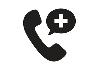 Medical emergency call icon, solid black telephone with health cross in speech bubble, urgent help
