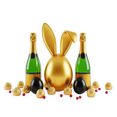 Golden bunny egg with champagne bottles isolated on transparent background