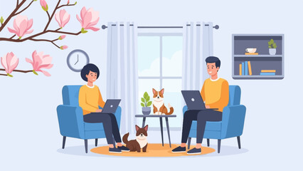 Obraz na płótnie Canvas People working remotely with pets at home near a window