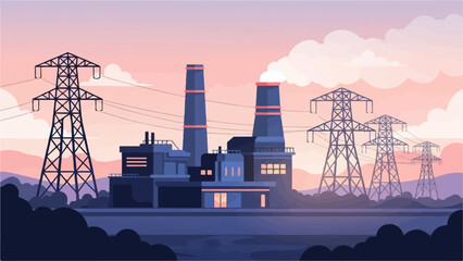 Obraz premium Power plant and transmission towers under a twilight sky