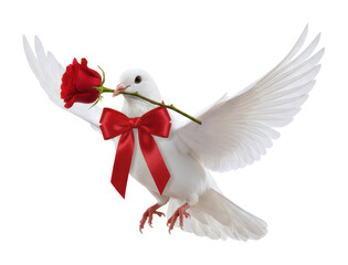 White Dove Flying With Red Rose and ribbon bow representing peace love romance freedom hope spirit faith holy symbol for wedding valentine celebration or religious holiday concept.
