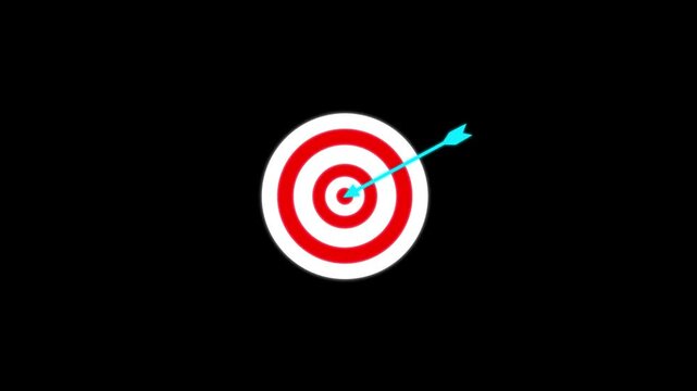 Marketing targeting strategy symbol target with arrow sign Animation Goals and Success Black Background, 4k video