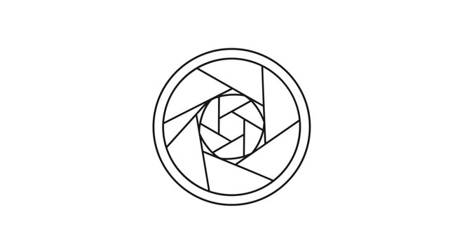 Minimalist black and white icon representing a camera lens aperture or shutter diaphragm used in photography and optics.