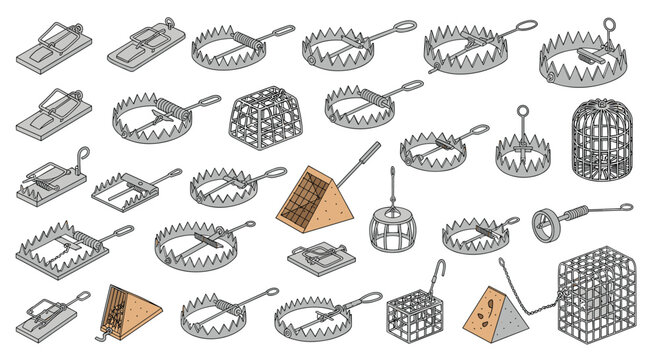 Comprehensive collection of various types of mouse and rat traps including snap traps, cages, and box designs for pest control.