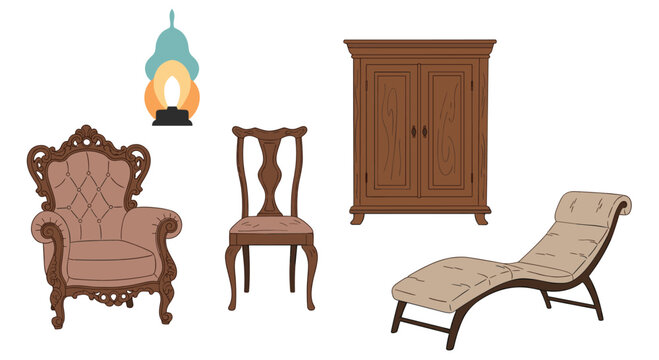 Set of antique furniture including an ornate armchair, a wooden chair, a large wardrobe, a chaise longue, and a vintage lamp.