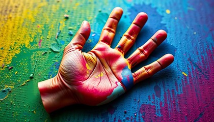 Vibrant, multicolored handprint on textured surface,  bold,  finger painting