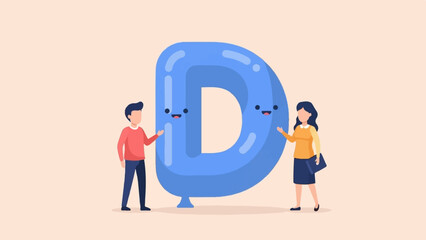 Two people stand beside a large, friendly blue letter 'D'