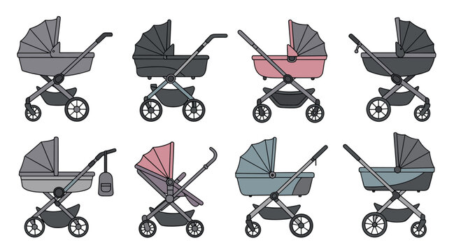 Collection of different baby stroller and pram designs in various colors and styles for infant transport and parenting needs.