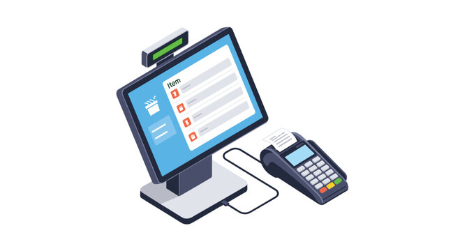 Isometric icon of a modern point of sale terminal with a touch screen showing an item list and a connected card reader.