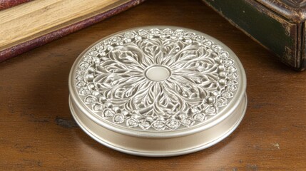 A polished silver round decorative lid with intricate embossed floral patterns rests on a wooden surface