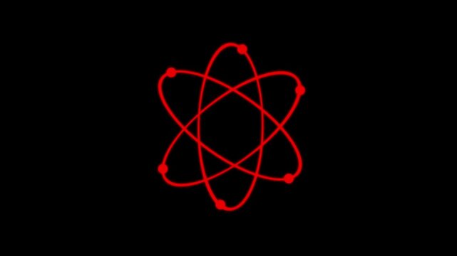 An atom with a steady orbit spinning electrons holographic look, seamless loop, and alpha channel, 4k video