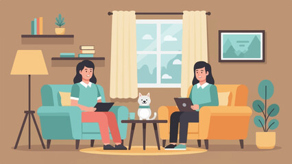 Two women with laptops and a dog in a cozy living room