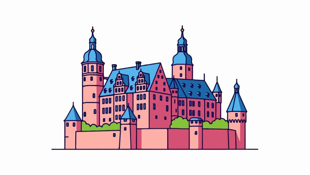 Stylized pink and blue castle with multiple towers and walled courtyard