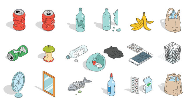 Comprehensive set of household waste and trash items including cans, bottles, food scraps, and broken glass for recycling themes.
