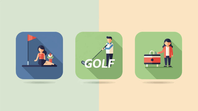 Three flat design icons depicting golf, one with a person by a flag, another with a golfer, and a third with a bag