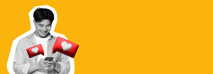 A person smiles while looking at a smartphone. Red love emoji icons pop up around them. The background is bright yellow. The scene shows the joy of connection through technology.