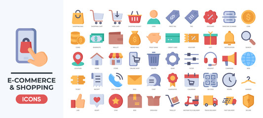 Fototapeta premium E-commerce and Shopping icons set collection, featuring carts, payments, delivery, discounts, and online store tools. Ideal for retail apps, web stores, and marketing promotions.