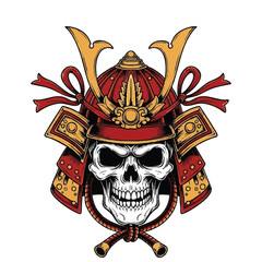 A graphic illustration of a skull wearing a traditional Japanese samurai helmet with horns and red ribbons on a white background, showcasing Japanese tattoo art.