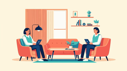 Two individuals sit in comfortable chairs, each engrossed in their own digital device