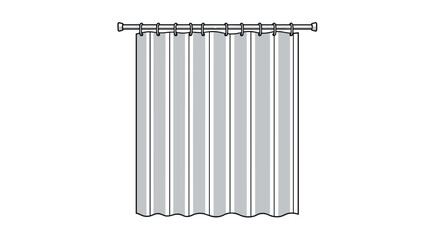 Grey shower curtain with simple vertical stripes hanging from a metal rod with rings, representing a standard bathroom furniture accessory item.