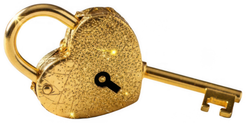 Golden Padlock png Shiny Lock cutout Bright Key png Sparkling Heart cutout Valuable Symbol png Romantic Security cutout Secure Love png Precious Treasure isolated transparent background image