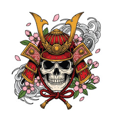 A detailed illustration of a skull wearing a traditional Japanese samurai helmet with cherry blossoms and smoke on a white background, showcasing Japanese tattoo art style.