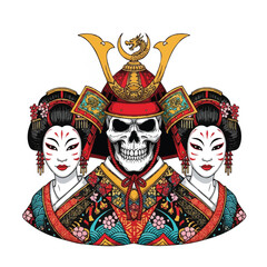 Illustration of a stylized Japanese tattoo art piece featuring a skull wearing a samurai helmet between two geisha against a clean white background with vibrant colors and intricate designs.