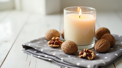 Cozy scene with lit candle and walnuts on a polka dot napkin