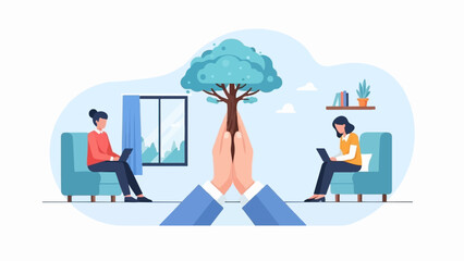 Two individuals working remotely, nurturing a shared tree, symbolizing connection