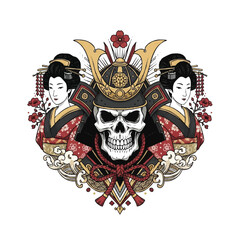 A graphic illustration of a skull wearing a samurai helmet surrounded by two geisha faces and Japanese tattoo art on a white background with bold lines and vibrant colors.