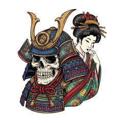 Illustration of a Japanese tattoo art design featuring a skeleton in samurai armor alongside a traditional geisha on a white background with vibrant, intricate patterns and bold colors.