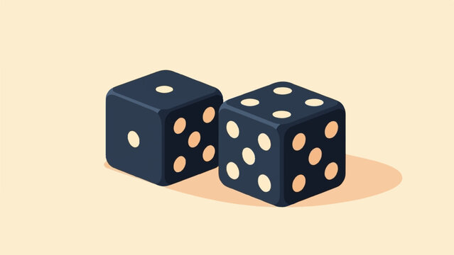 Two dark blue dice with light orange dots on a light background