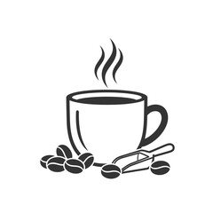 Steaming Coffee Cup with Beans and Scoop Icon