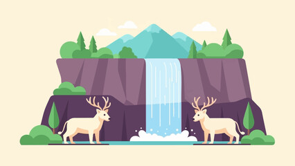 Serene natural scene with two deer by a waterfall under mountains