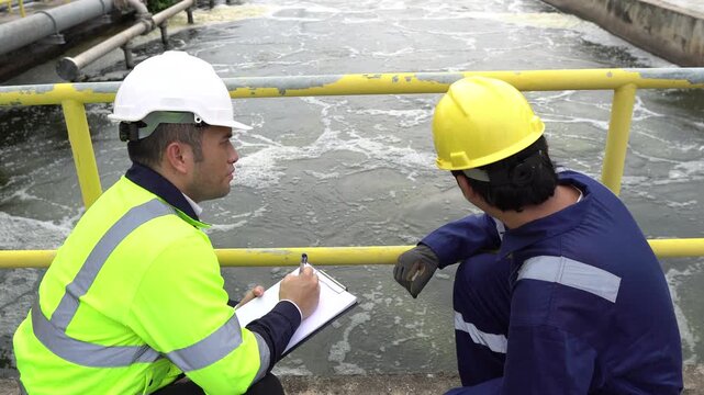 Two Asian engineers discussing maintenance at wastewater treatment plant. They check water quality and pipeline system outdoors. Industrial ecology and environmental management concept.