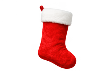 Red plush christmas stocking with white faux fur cuff, hanging loop, representing holiday winter celebration and tradition