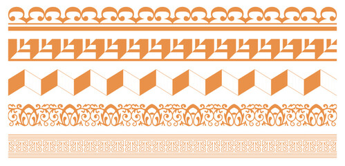 Border style seamless frames isolated on white background. Mexican aztec border patterns with ethnic tribal geometric ornaments. Greek style geometric seamless frames isolated. 