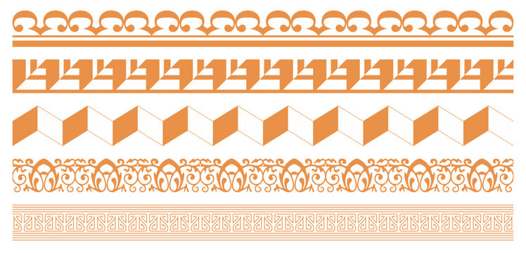 Border style seamless frames isolated on white background. Mexican aztec border patterns with ethnic tribal geometric ornaments. Greek style geometric seamless frames isolated. 