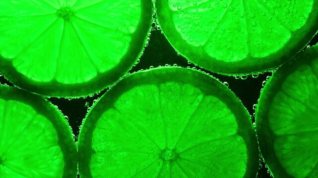 A close up of green citrus fruit with a green background. The fruit is sliced and the slices are arranged in a circle