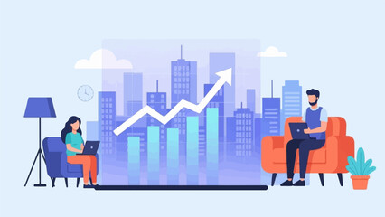 Fototapeta premium Two people working remotely with growth chart and city skyline background