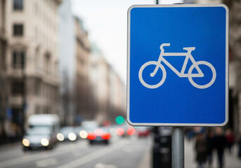 Bicycle Lane Sign on Urban Street with Blurred City Background