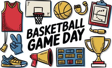 Basketball Game Day Typography with Hand Drawn Sports Icons Vector © mdnirobsardar05