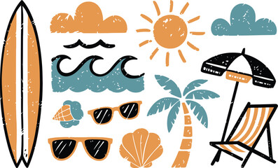 Obraz premium Hand Drawn Beach Summer Doodle Elements Set with Surfboard and Tropical Icons