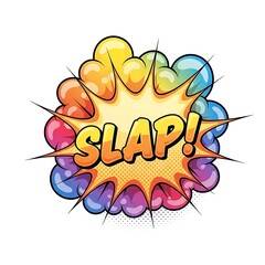Colorful comic book style explosion bubble with word slap on isolated white background